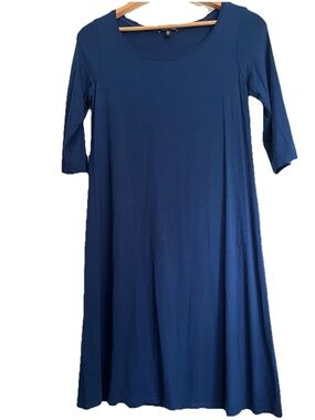 Eileen Fisher Sapphire Blue Jersey Rayon 3/4 Sleeve Midi Shift Dress - Small